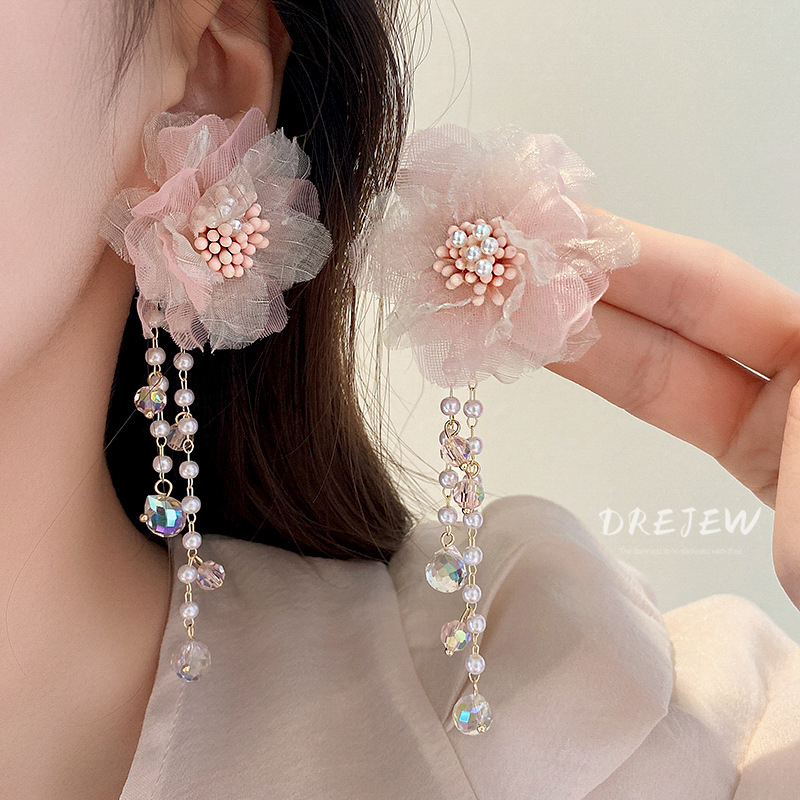 DREJEW Bông Tai Hình Hoa Đính Kim Cương Giả Phối Tua Rua Thời Trang Cho Nữ