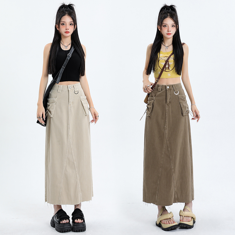 Chân Váy Jean Dài Lưng Cao Dáng Chữ A Phối Dây Rút Thời Trang Mùa Hè Cho Nữ