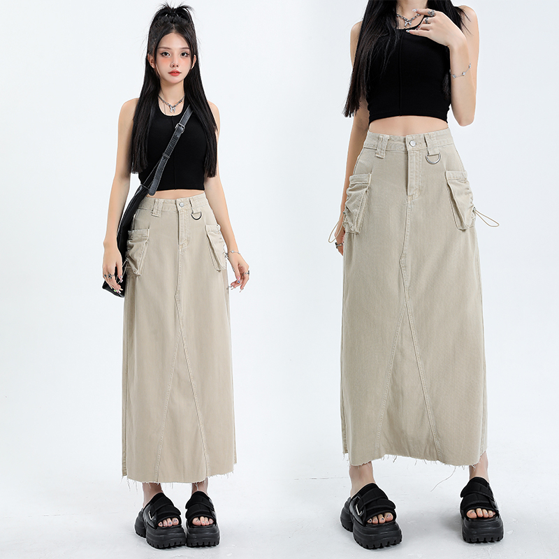 Chân Váy Jean Dài Lưng Cao Dáng Chữ A Phối Dây Rút Thời Trang Mùa Hè Cho Nữ