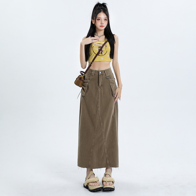 Chân Váy Jean Dài Lưng Cao Dáng Chữ A Phối Dây Rút Thời Trang Mùa Hè Cho Nữ