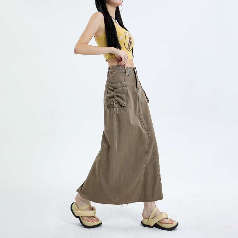 Chân Váy Jean Dài Lưng Cao Dáng Chữ A Phối Dây Rút Thời Trang Mùa Hè Cho Nữ