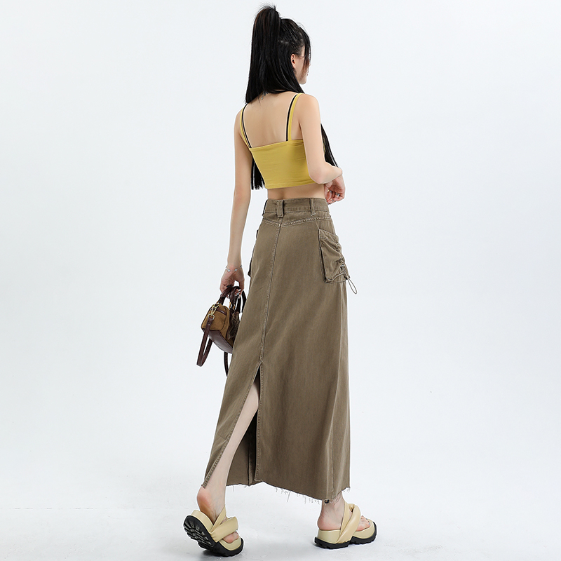 Chân Váy Jean Dài Lưng Cao Dáng Chữ A Phối Dây Rút Thời Trang Mùa Hè Cho Nữ