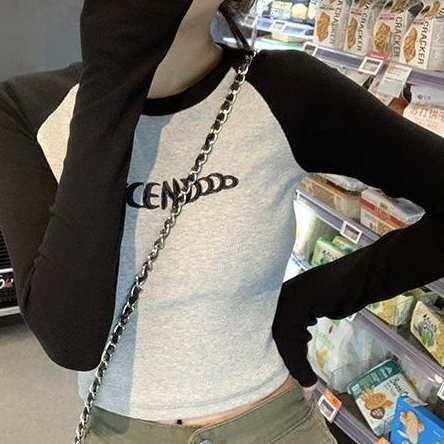 Jiashucheng Áo Thun Tay Dài Hở Vai Màu Sắc Tương Phản Thời Trang Mùa Thu Cho Nữ