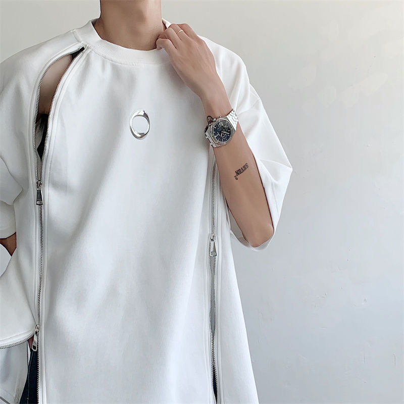 American niche design feel double zipper shoulder pads short sleeve t-shirt men high street three-dimensional metal printing five-point