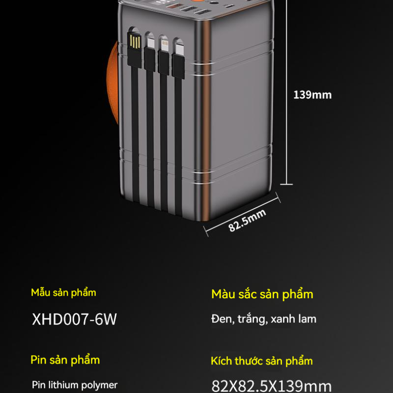 Sạc Dự Phòng 60000mAh 4 Dây Công Suất Cao 100W Cho Samsung / Xiaomi / oppo / vivo