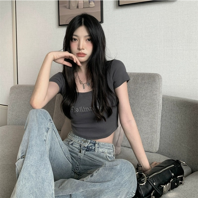 ZHELIHANGFEI Áo Thun Ngắn Tay Cổ Vuông Lưng Cao Thời Trang Cho Nữ