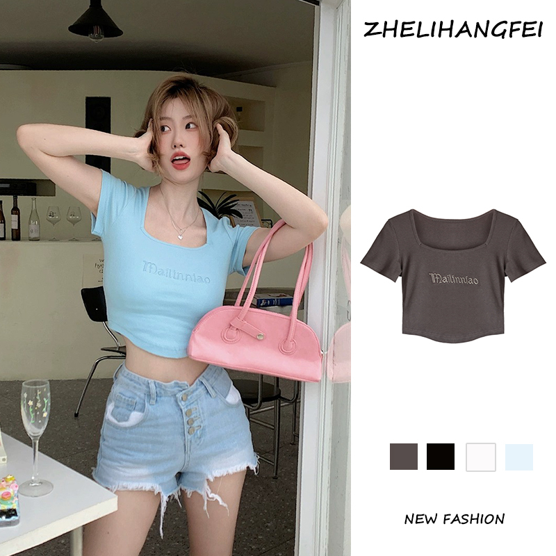 ZHELIHANGFEI Áo Thun Ngắn Tay Cổ Vuông Lưng Cao Thời Trang Cho Nữ