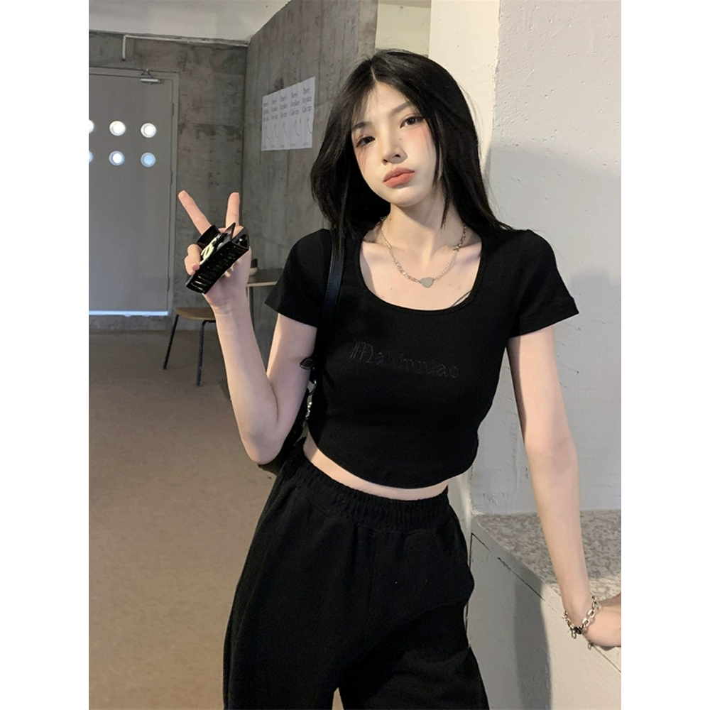 ZHELIHANGFEI Áo Thun Ngắn Tay Cổ Vuông Lưng Cao Thời Trang Cho Nữ