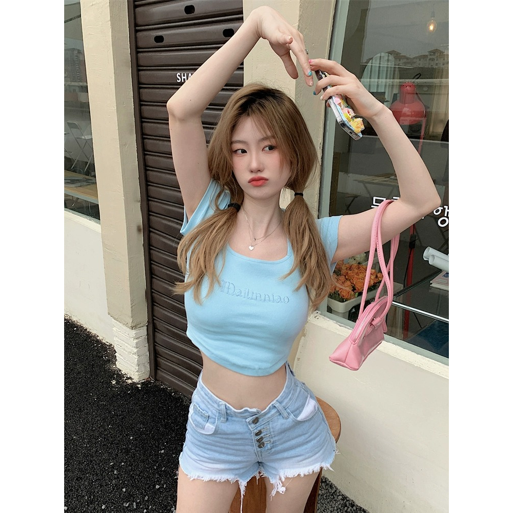 ZHELIHANGFEI Áo Thun Ngắn Tay Cổ Vuông Lưng Cao Thời Trang Cho Nữ