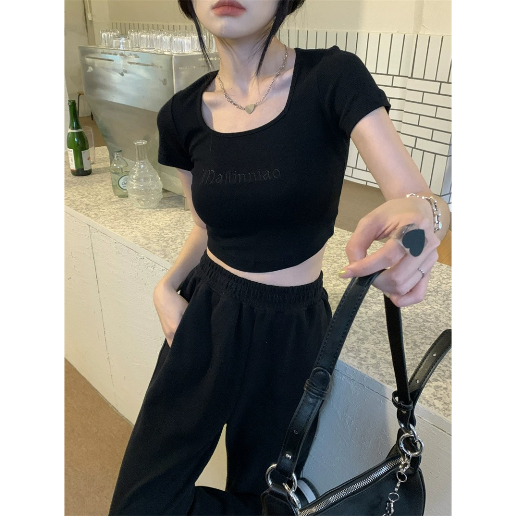 ZHELIHANGFEI Áo Thun Ngắn Tay Cổ Vuông Lưng Cao Thời Trang Cho Nữ