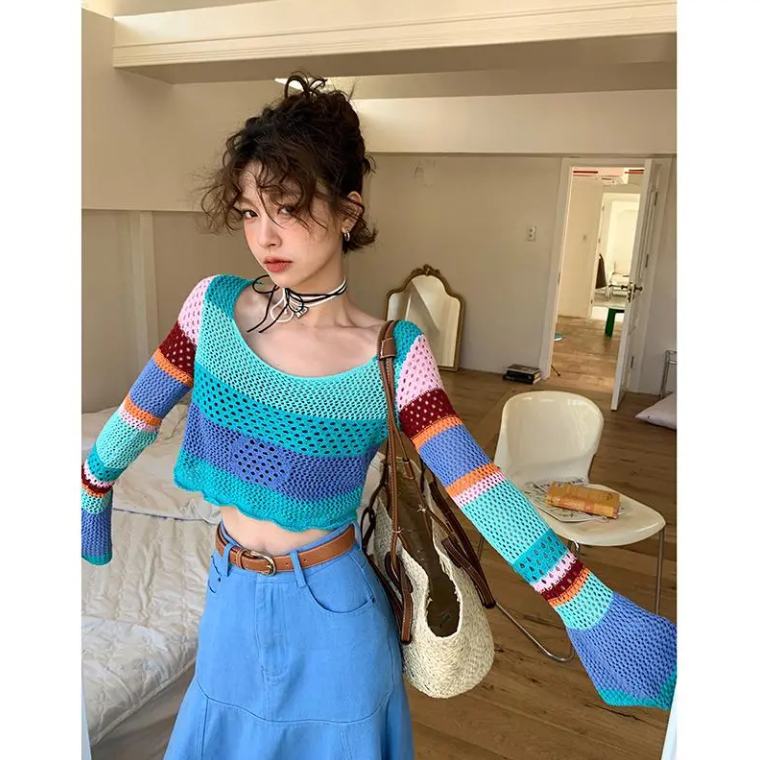 Jiashucheng Áo Croptop Dệt Kim Chống Nắng Tay Loe Họa Tiết Sọc Cầu Vồng Rỗng Cho Nữ