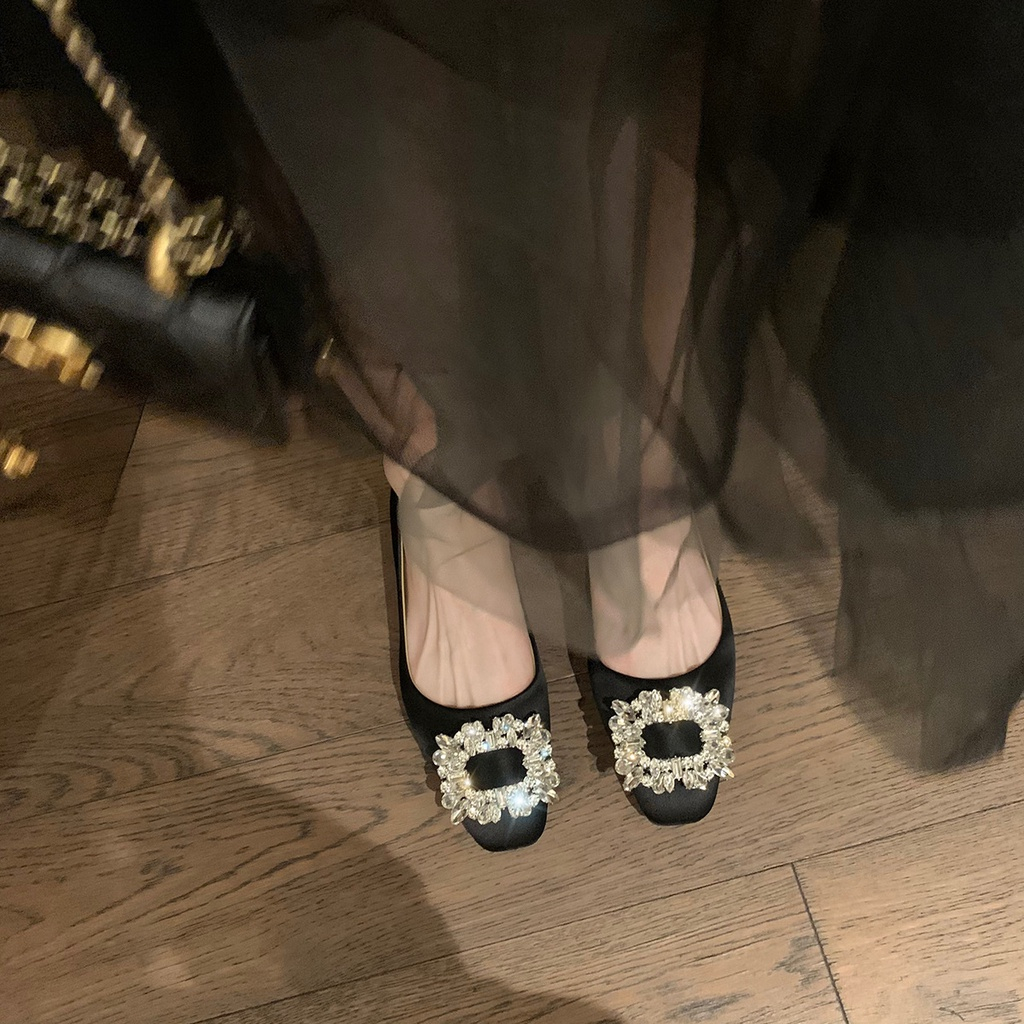 Giày Búp Bê Đế Mềm Mũi Vuông Đính Đá Xinh Xắn Dành Cho Cô Dâu / size 33-42