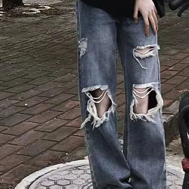 Jiashucheng Quần Jean Dài Dáng Rộng Rách Gối Phong Cách Retro Đường Phố Mùa Hè Dành Cho Nữ