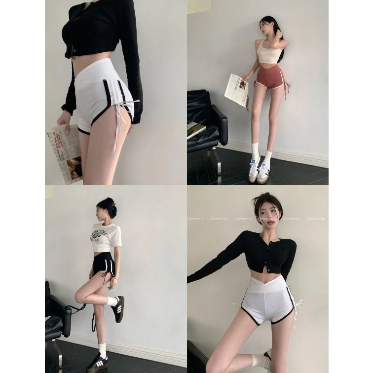 Jiashucheng Quần Short Thể Thao Lưng Cao Dáng Ôm Rút Dây Màu Đen Thời Trang Mùa Hè Quyến Rũ Cho Nữ
