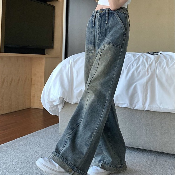 Jiashucheng Quần Jean Nữ Lưng Cao Dáng Rộng Suông Thời Trang Mùa Xuân