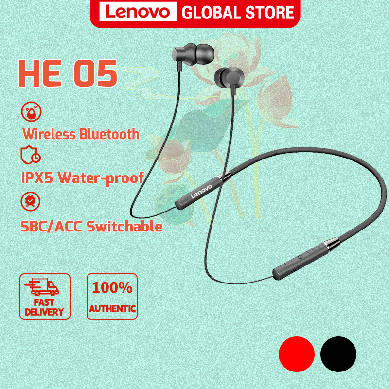 Tai nghe nhét tai thể thao LENOVO HE05 không dây Bluetooth 5.0 đeo cổ chống nước IPX5 tích hợp micro tiện lợi
