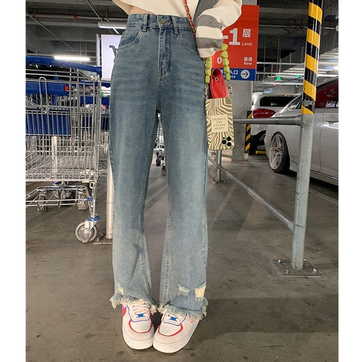 Jiashucheng Quần Jean Rách Lưng Cao Phối Tua Rua Rách Đường Phố Mùa Xuân Hè Cho Nữ