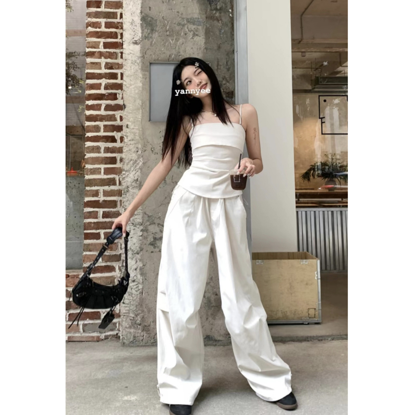 【JMWOMEN】Bộ Áo Thun Ngắn Tay + Quần Yếm Ống Rộng Nhuộm Màu Thời Trang Mùa Hè Cho Nữ