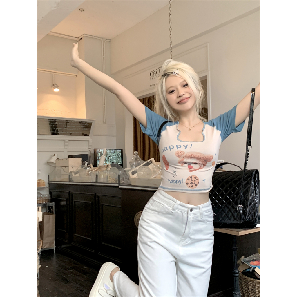 QADCOL Áo Thun Tay Ngắn In Họa Tiết Hoạt Hình Thời Trang Cho Nữ