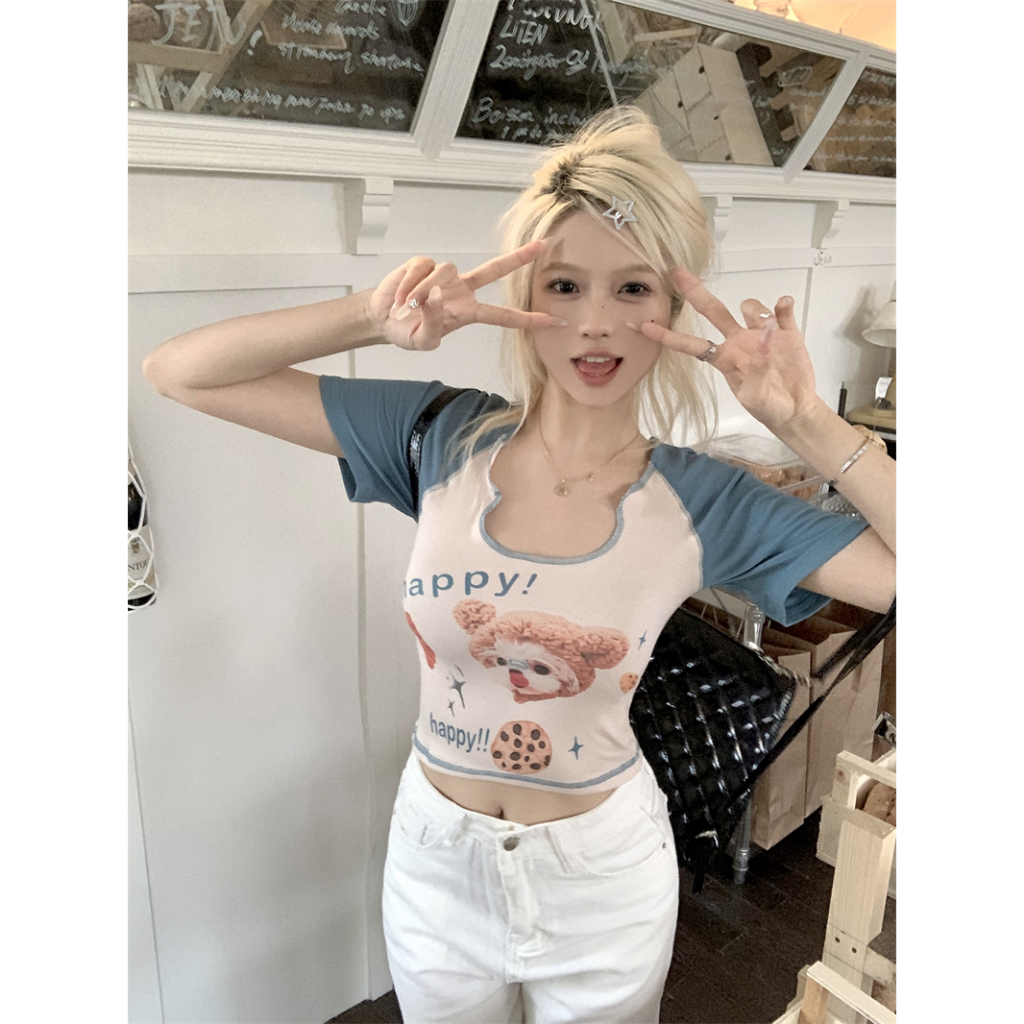 QADCOL Áo Thun Tay Ngắn In Họa Tiết Hoạt Hình Thời Trang Cho Nữ