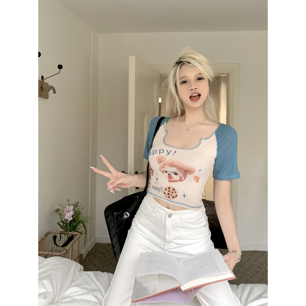 QADCOL Áo Thun Tay Ngắn In Họa Tiết Hoạt Hình Thời Trang Cho Nữ