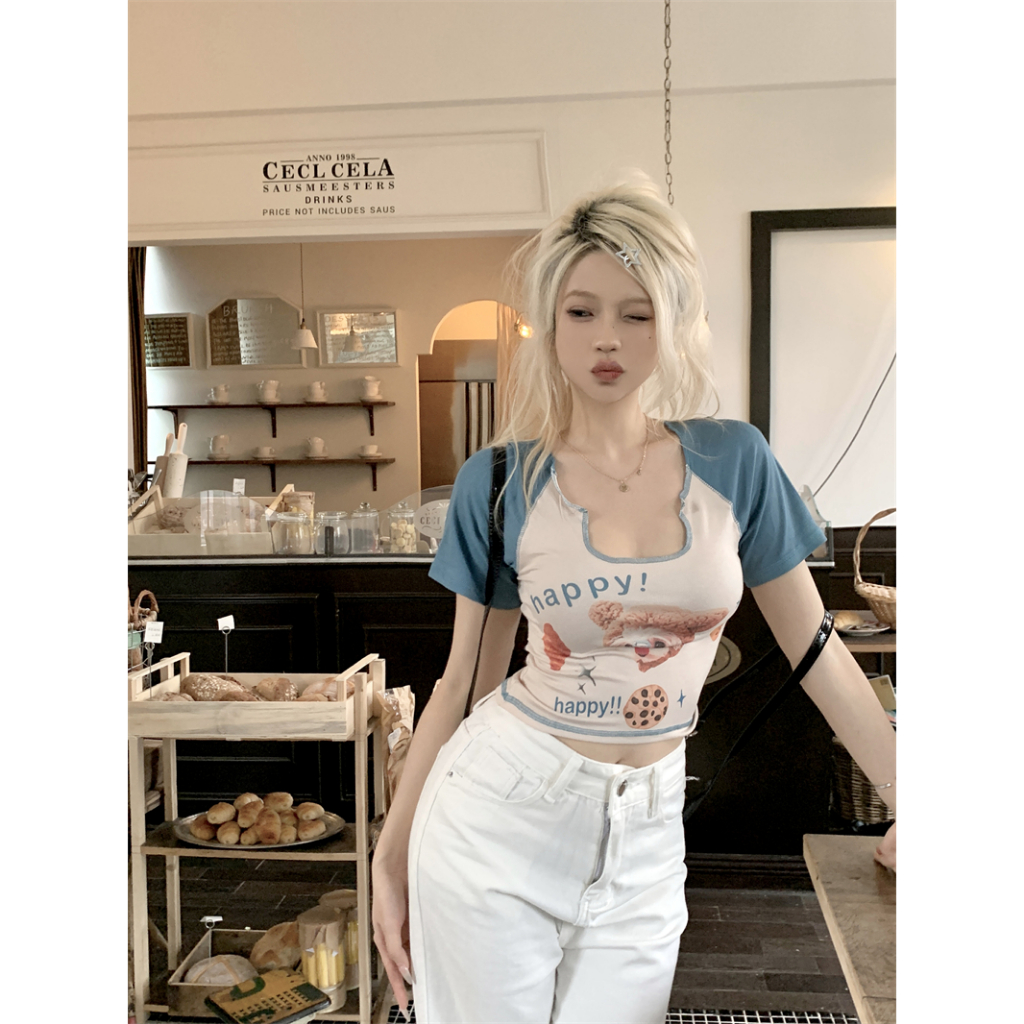 QADCOL Áo Thun Tay Ngắn In Họa Tiết Hoạt Hình Thời Trang Cho Nữ