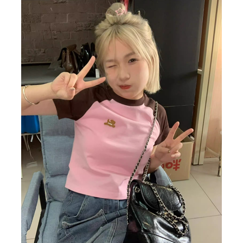 Áo Thun Raglan Tay Ngắn Khoét Vai Màu Tương Phản Thời Trang Cho Nữ