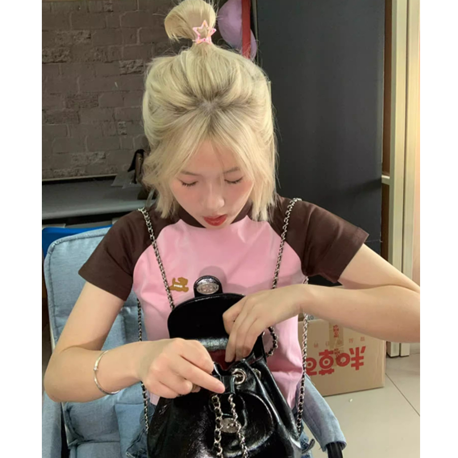 Áo Thun Raglan Tay Ngắn Khoét Vai Màu Tương Phản Thời Trang Cho Nữ