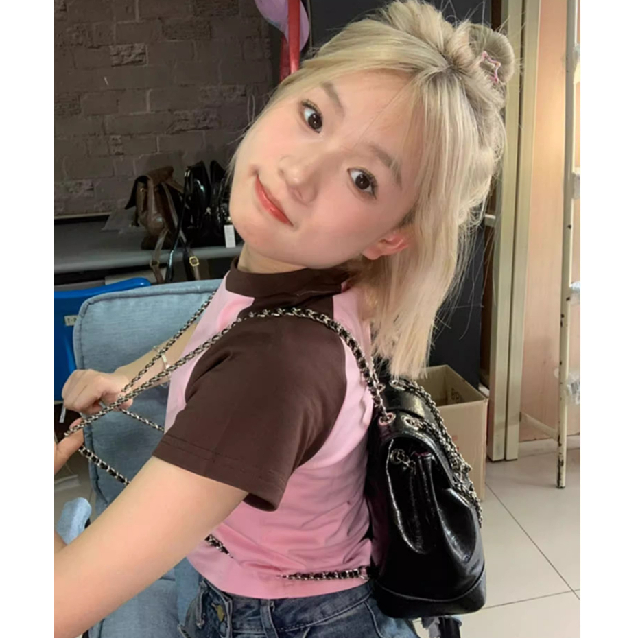 Áo Thun Raglan Tay Ngắn Khoét Vai Màu Tương Phản Thời Trang Cho Nữ