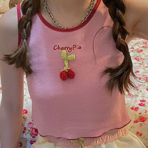 Jiashucheng Áo Hai Dây Màu Hồng Cherry Ngọt Ngào Thời Trang Mùa Hè