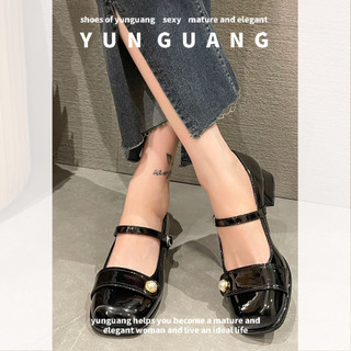 Yunguang Giày Cao Gót Mũi Vuông Bằng Da Phong Cách Pháp