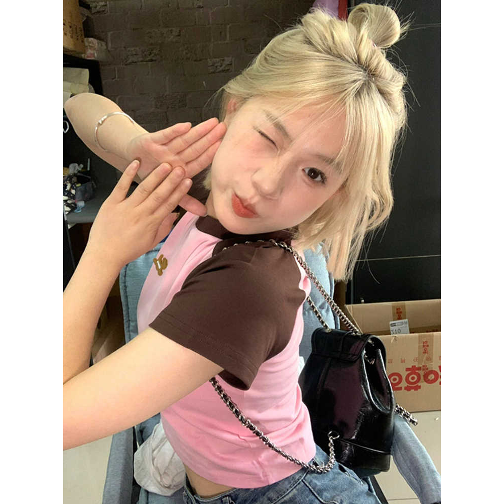 Áo Thun Raglan Tay Ngắn Khoét Vai Màu Tương Phản Thời Trang Cho Nữ