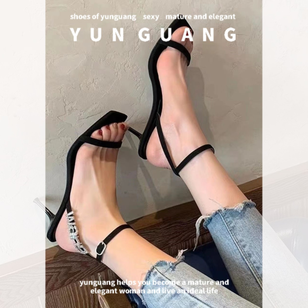 Yunguang Giày Cao Gót Mũi Vuông Đính Đá Đa Năng Phong Cách Mới Cho Nữ