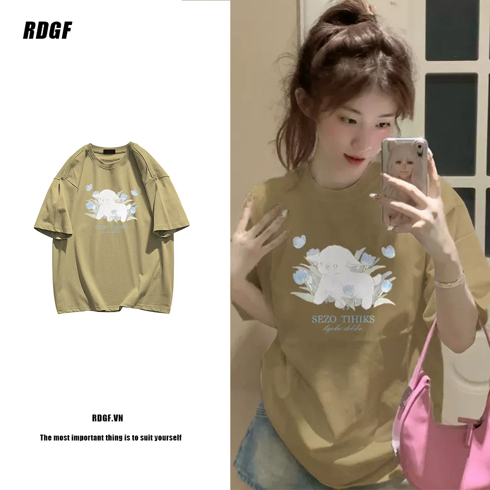 Áo Thun Kaki Tay Ngắn Dáng Rộng In Hình Thỏ Dễ Thương Phong Cách Hàn Quốc Thời Trang Cho Nữ