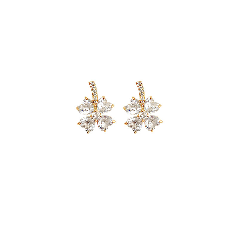Khuyên Tai Kim Loại Hình Cỏ Bốn Lá Đính Đá Zircon Phong Cách Hàn Quốc Mới