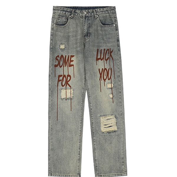 Jiashucheng Quần Jean Rách Dáng Suông In Chữ Cá Tính Thời Trang Phong Cách Đường Phố Retro