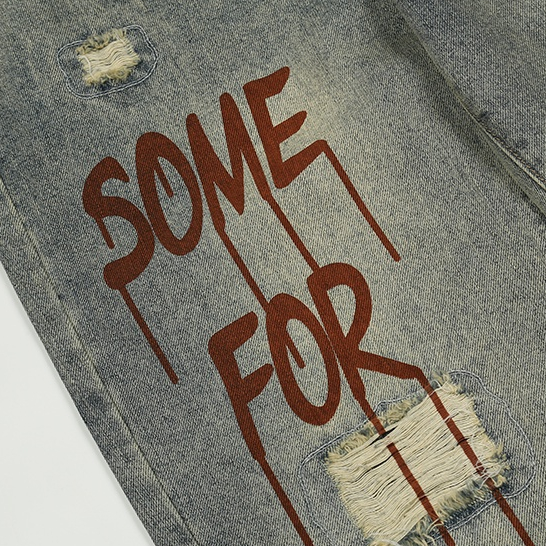 Jiashucheng Quần Jean Rách Dáng Suông In Chữ Cá Tính Thời Trang Phong Cách Đường Phố Retro