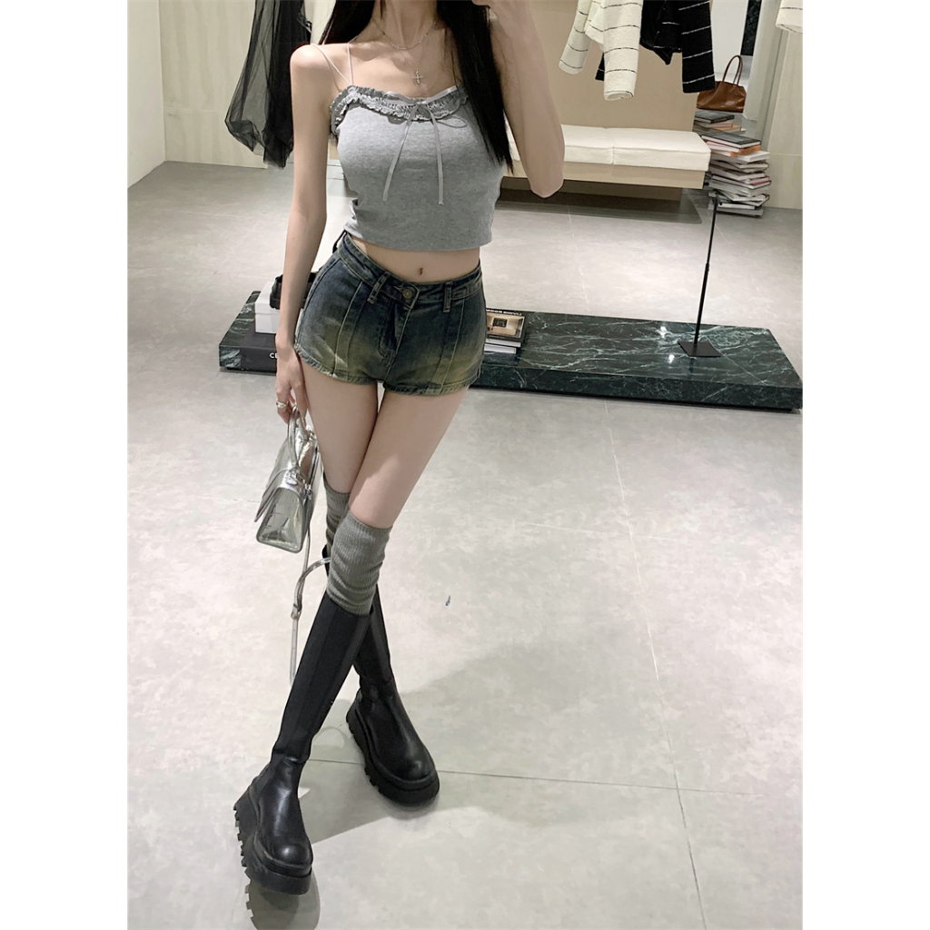 Ethelgirl Quần Short Denim Lưng Cao Ống Đứng Phong Cách Vintage Mỹ Cho Nữ