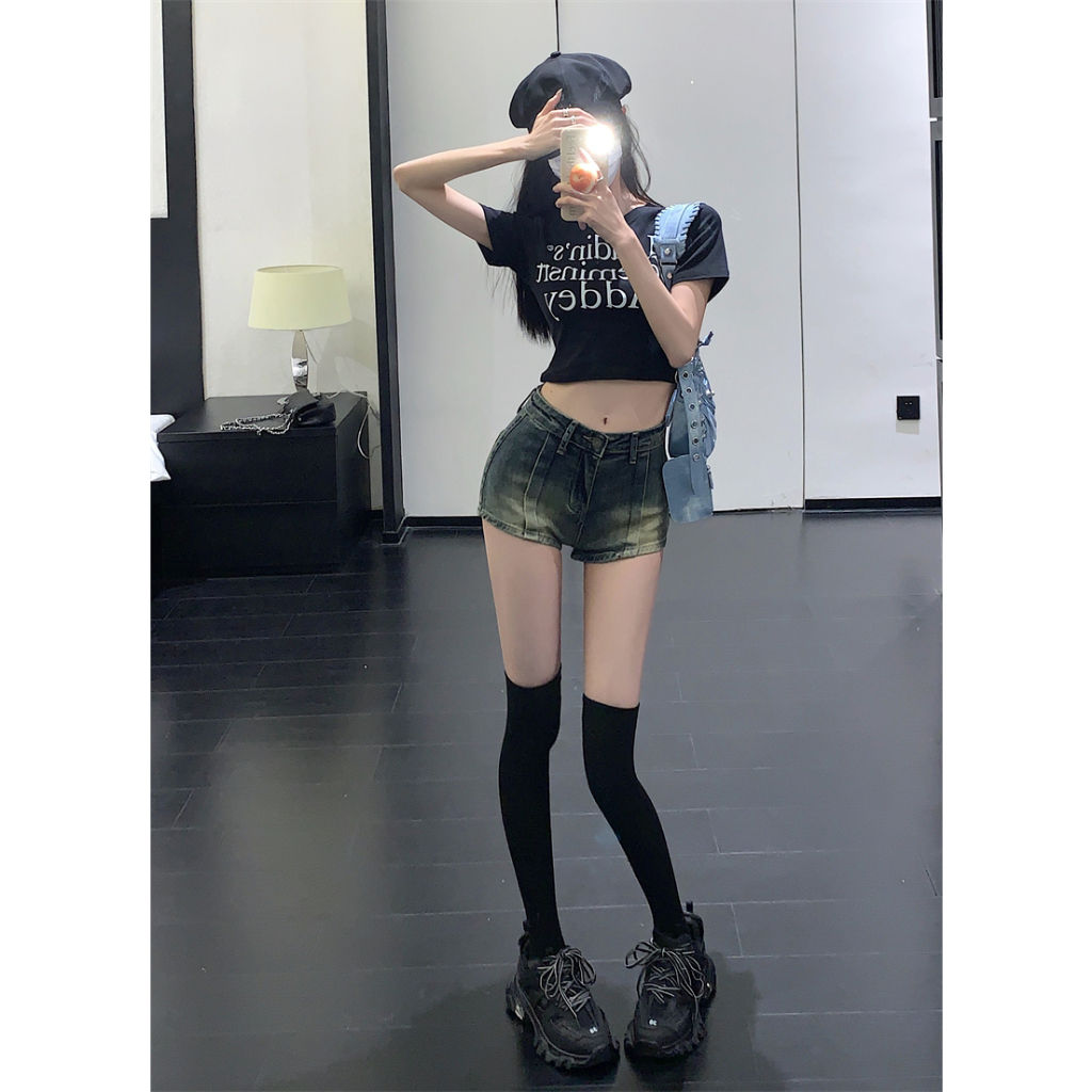 Ethelgirl Quần Short Denim Lưng Cao Ống Đứng Phong Cách Vintage Mỹ Cho Nữ