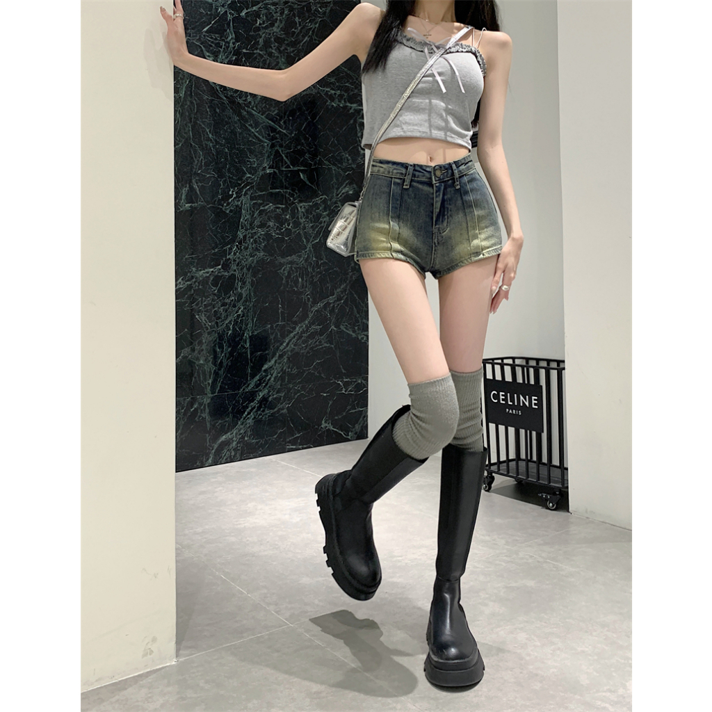 Ethelgirl Quần Short Denim Lưng Cao Ống Đứng Phong Cách Vintage Mỹ Cho Nữ