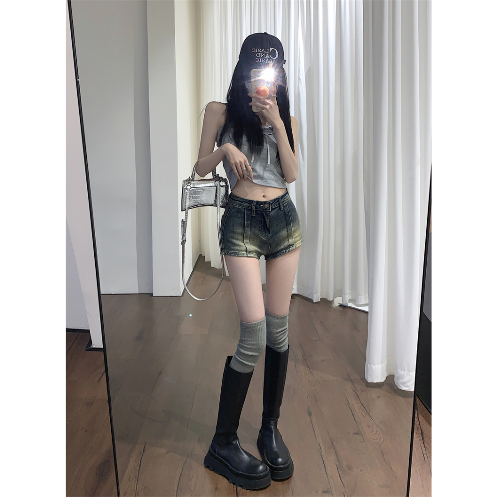 Ethelgirl Quần Short Denim Lưng Cao Ống Đứng Phong Cách Vintage Mỹ Cho Nữ