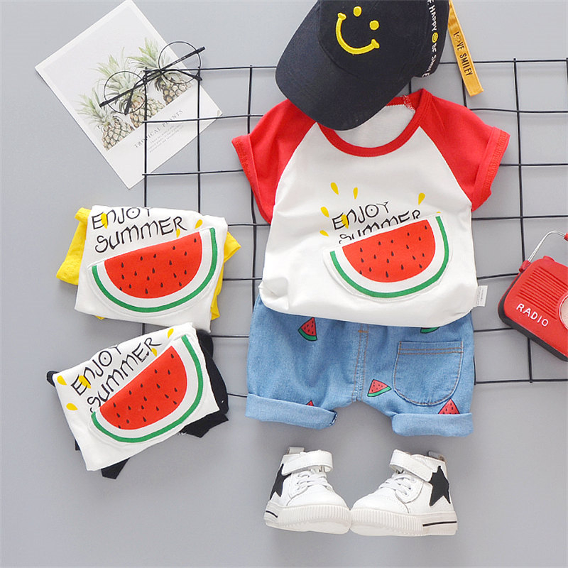 Set Đồ Mùa Hè 2 Món Gồm Áo Cotton Dưa Hấu + Quần Ngắn Denim + Băng Cài Đầu Cho Bé Sơ Sinh 0-4 Tuổi