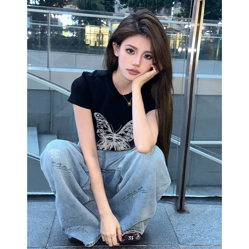 Áo Thun Ngắn Tay In Hình Bướm Thời Trang Hàn Quốc Dành Cho Nữ