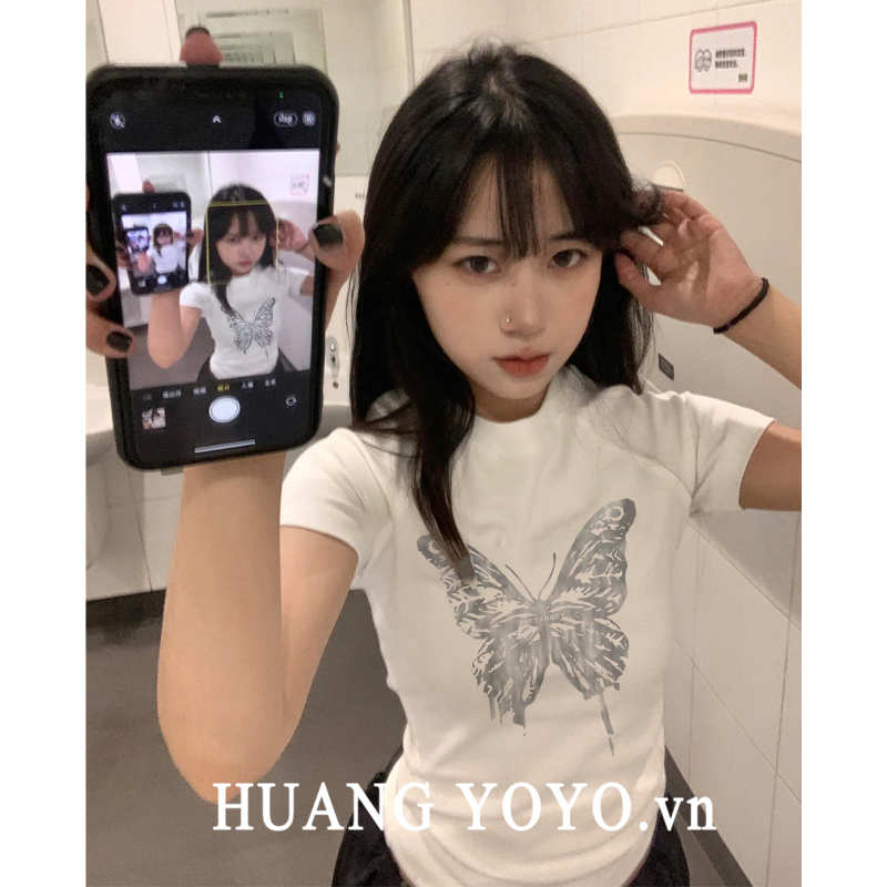 Áo Thun Ngắn Tay In Hình Bướm Thời Trang Hàn Quốc Dành Cho Nữ