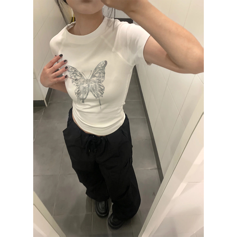 Áo Thun Ngắn Tay In Hình Bướm Thời Trang Hàn Quốc Dành Cho Nữ