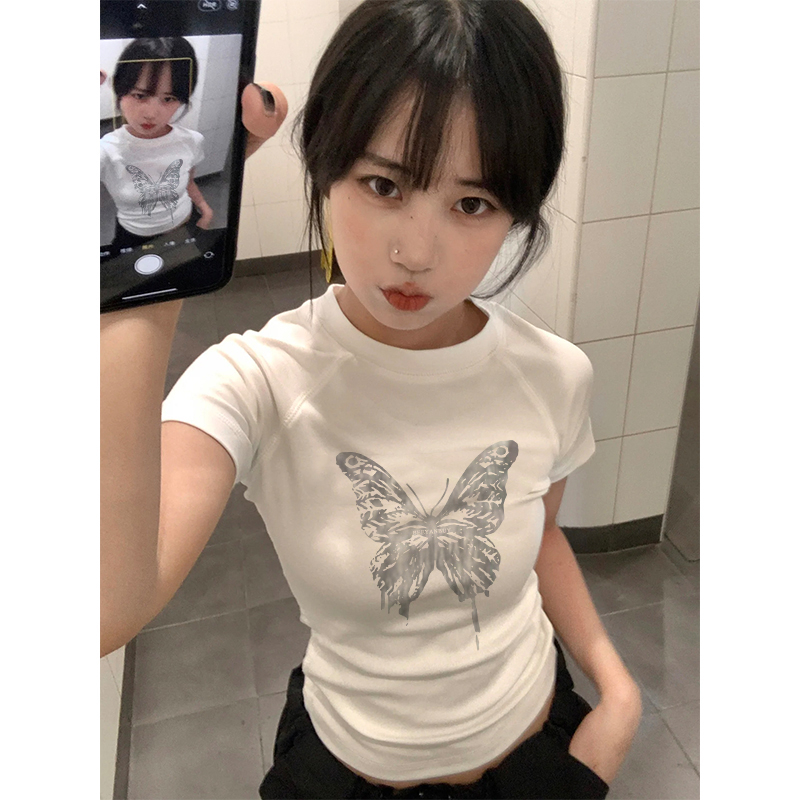 Áo Thun Ngắn Tay In Hình Bướm Thời Trang Hàn Quốc Dành Cho Nữ