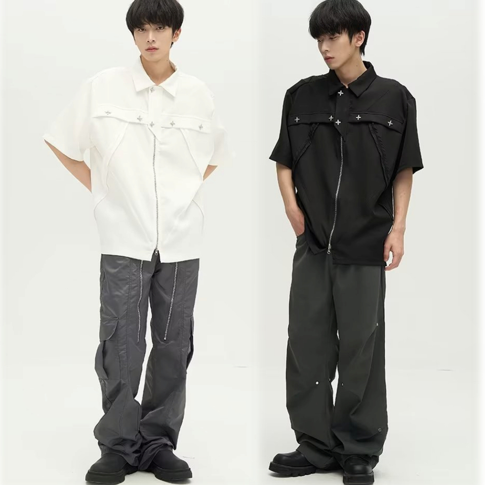 Trb 22SS Áo Sơ Mi Ngắn Tay Dáng Rộng Khóa Kéo Kim Loại Đường Phố Cao Cấp Tối Màu Dễ Phối Đồ