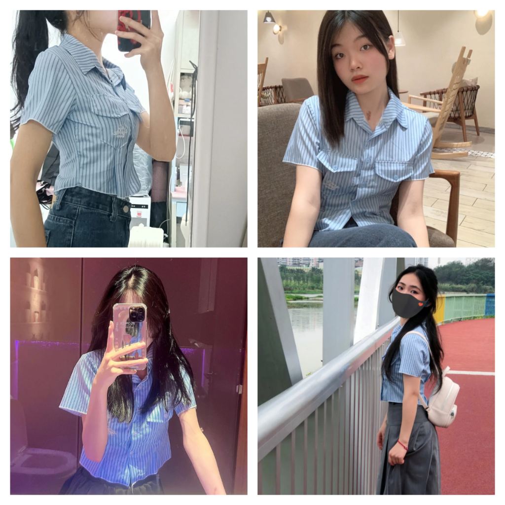 Áo Sơ Mi Ngắn Kẻ Sọc Thời Trang Mùa Hè Hàn Quốc Cho Nữ