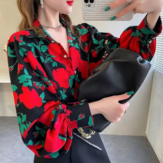 Áo Sơ Mi Voan Hoa Tay Dài Dáng Rộng Phong Cách Hàn Quốc Baju Baju Wanita Lengan Panjang