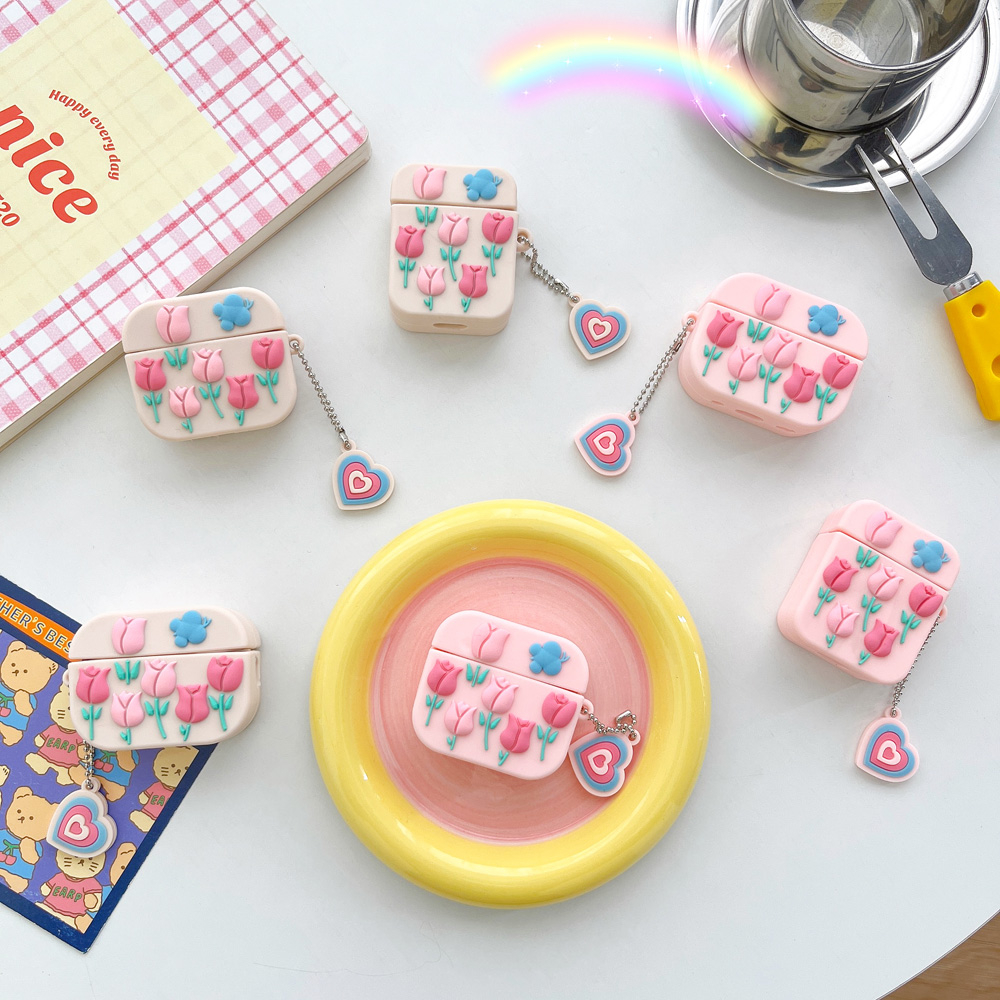 Vỏ Bảo Vệ Hộp Sạc Tai Nghe AirPods 1 2 3 pro 2 Bằng Silicon Hình Hoa Tulip 3D Dễ Thương